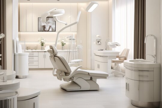 Modern dental practice. Dental chair and other accessories and medic light.