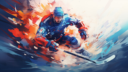 Ice hockey player in the style of bright geometric abstractions by Generative AI