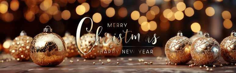 Christmas card greetings with golden decorations, baubles and bokeh. Merry Xmas. Happy New Year. Generative Ai