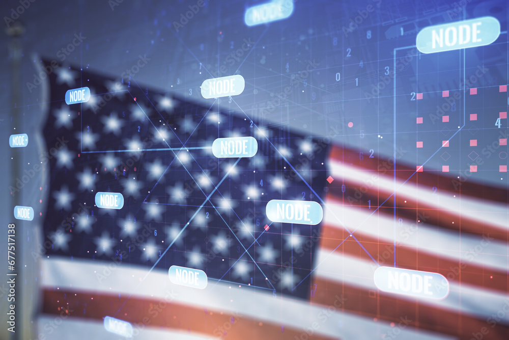 Leinwandbilder double exposure of abstract creative programming illustration on us flag and blue sky background, bi
