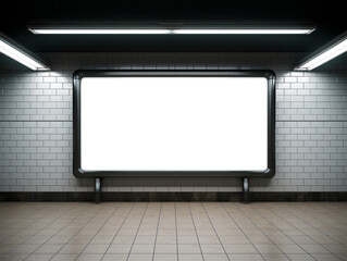 Billboard on clean white underground wall Mockup. Large panoramic frame in subway station. Generative Ai