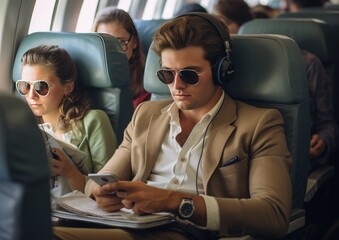 Un joven sentado en un avion  con auriculares - obrazy, fototapety, plakaty
