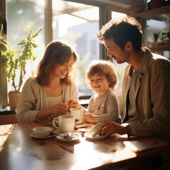 Una  pareja desayunando con su hijo pequeño - obrazy, fototapety, plakaty