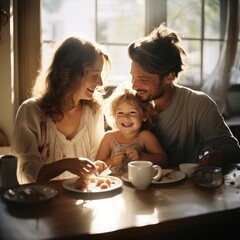 Obraz na płótnie Canvas Una familia desayunando con su hijo pequeño