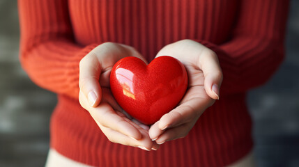 Red heart on woman hands. Symbol of support