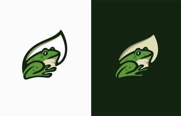 Leaf frog green small sitting cool vector logo design