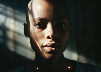 retrato de una mujerde raza negra con el pelo rapado