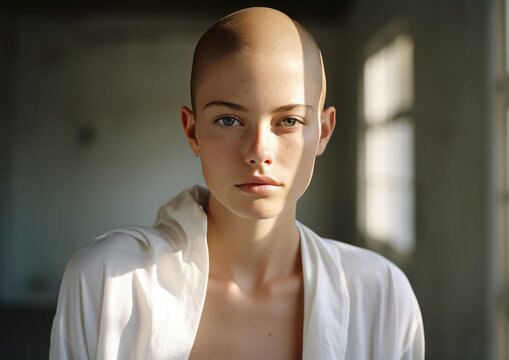 Retrato de una mujer joven caucasica con el pelo rapado