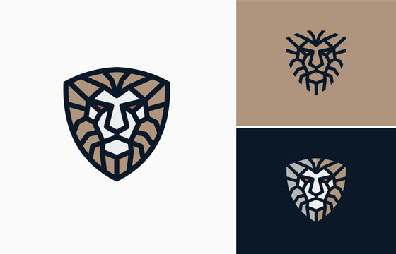 Minimalist outline shield guardian with lion head vector logo design