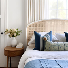 Round wooden bedside nightstand between white door and bed with rattan headboard and blue pillows. Coastal , french country interior design of modern bedroom.