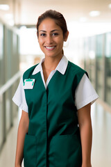 young female hispanic nurse wearing green vest working in a public hospital