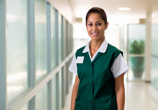 young female hispanic nurse wearing green vest working in a public hospital