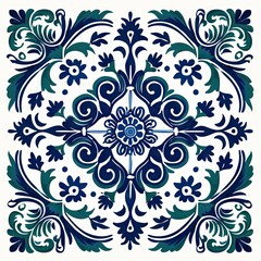 Fototapeta na wymiar Ethnic folk ceramic tile in talavera style with blue and green floral ornament. Italian pattern, traditional Portuguese and Spain decor. Mediterranean porcelain pottery isolated on white background