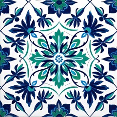 Obraz premium Ethnic folk ceramic tile in talavera style with blue and green floral ornament. Italian pattern, traditional Portuguese and Spain decor. Mediterranean porcelain pottery isolated on white background