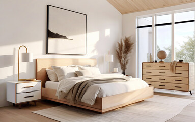 Wooden drawer chest against window. White nightstand near wooden bed. Minimalist boho interior design of modern bedroom.