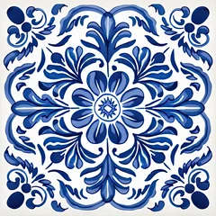 Stof per meter Ethnic folk ceramic tile in talavera style with navy blue floral ornament. Italian pattern, traditional Portuguese and Spain decor. Mediterranean porcelain pottery isolated on white background © ratatosk