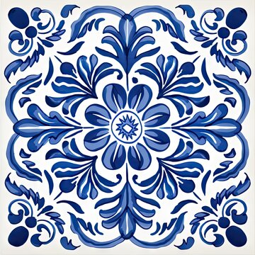 Ethnic folk ceramic tile in talavera style with navy blue floral ornament. Italian pattern, traditional Portuguese and Spain decor. Mediterranean porcelain pottery isolated on white background