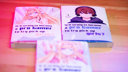 Japanese manga comic covers with cute anime gamer girls