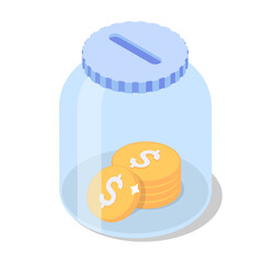 A bottle of glass with golden dollar coins. Savings or tip can.Vector illustration