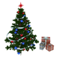 Christmas tree with decorations, isolate on a transparent background, 3D illustration, cg render