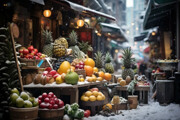 Fototapeta na wymiar Winter Street Photography: Capture the essence of daily life in urban areas during the winter, including street vendors and pedestrians. - Generative AI