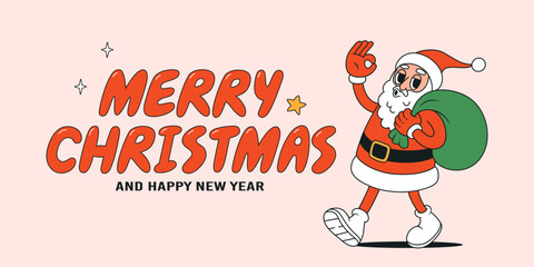 Fototapeta na wymiar Merry Christmas groovy background with cartoon Santa Claus. Vector illustration in retro style.