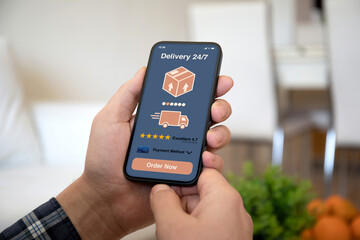 male hands hold phone with parcel delivery application on screen