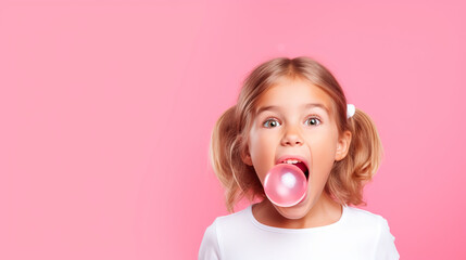 Cute little girl with curly hair blowing bubble gum on a pink background. - obrazy, fototapety, plakaty