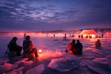 Ice Fishing: Photograph ice fishermen patiently waiting for their catch on frozen lakes. - Generative AI