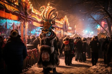Fototapeta na wymiar Winter Carnivals: Vibrant and lively scenes at winter festivals, complete with colorful costumes and activities. - Generative AI