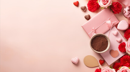 graphic composition of a flat lay featuring Valentine's Day elements of chocolates, flowers, heart shaped objects, beads, and small gifts, arranged aesthetically on a complementary background