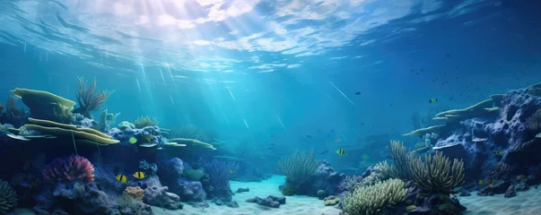 Zelfklevend Fotobehang World ocean wildlife landscape, sunlight through water surface with coral reef on the ocean floor, natural scene. Abstract underwater background © ratatosk