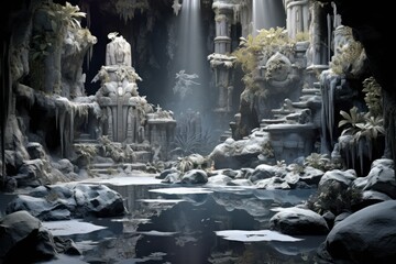 Obraz premium Frozen Water Features: Photograph fountains, ponds, and other water features turned into icy sculptures. - Generative AI