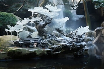 Frozen Water Features: Photograph fountains, ponds, and other water features turned into icy sculptures. - Generative AI