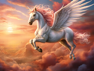 Obraz na płótnie Canvas Enchanting Flight: Unicorn Soars Joyfully Over a Fairy-tale Landscape with Spread Wings, Copy Space, Freedom in pink and purple sky