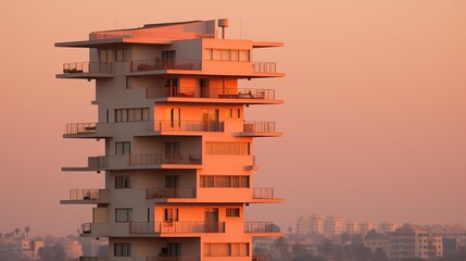 Sunset Heights, High Apartment Building Above the City, Urban Skyscraper at Sunset, Generative AI