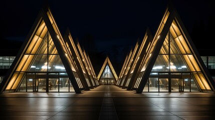 Urban Geometry: Glowing Geometric Triangular Glass Buildings in a Modern City at Night, Generative AI