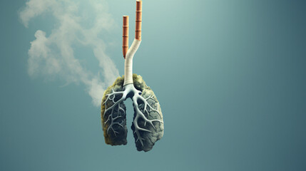 Sad cartoon lung smoking a cigarette on a gray solid