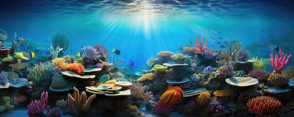 Naklejka na ściany i meble World ocean wildlife landscape, sunlight through water surface with coral reef on the ocean floor, natural scene. Abstract underwater background