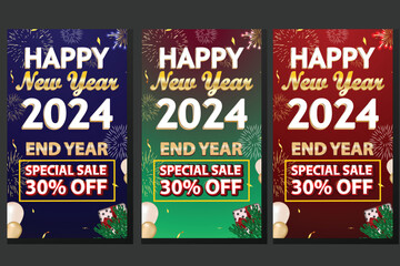 vector set of social media post, story, poster and banner discount mega sale happy new year. new Year celebration. end year sale flyer or story template