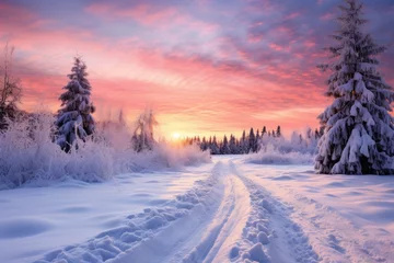 Poster Winter panorama landscape. Forest, trees and road covered snow. Sunrise, winterly morning of a new day. Purple landscape with sunset. Happy New Year and Christmas concept © ratatosk