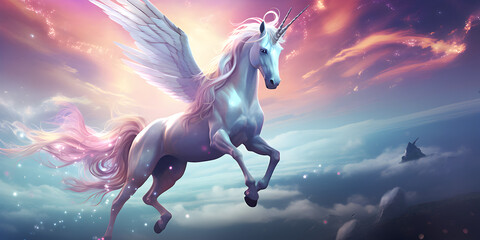 Enchanting Flight: Unicorn Soars Joyfully Over a Fairy-tale Landscape with Spread Wings, Copy Space, Freedom in pink and purple tones