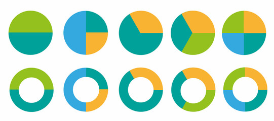 A set of pie charts. Fractions, fractions, percentages. Circular icons for infographics, web design, business presentations. Flat  illustration