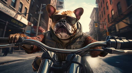 a dog driving a motorcycle in the city - obrazy, fototapety, plakaty
