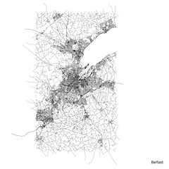 Belfast city map with roads and streets, Ireland. Vector outline illustration.