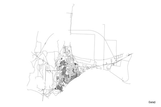 Galati city map with roads and streets, Romania. Vector outline illustration.