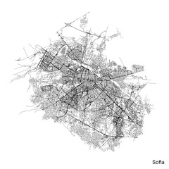 Sofia city map with roads and streets, Bulgaria. Vector outline illustration.