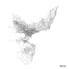 Varna city map with roads and streets, Bulgaria. Vector outline illustration. - obrazy, fototapety, plakaty