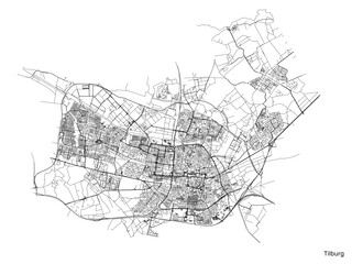 Tilburg city map with roads and streets, Netherlands. Vector outline illustration.