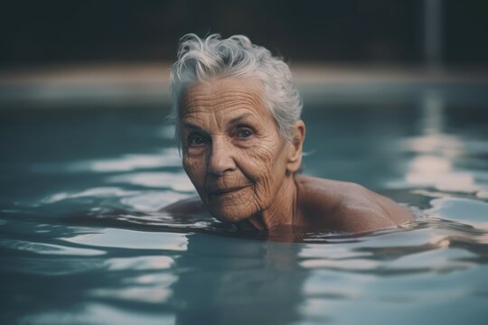 Aged woman swimming pool laps active motion. Energetic activity matured vibrant. Generate Ai